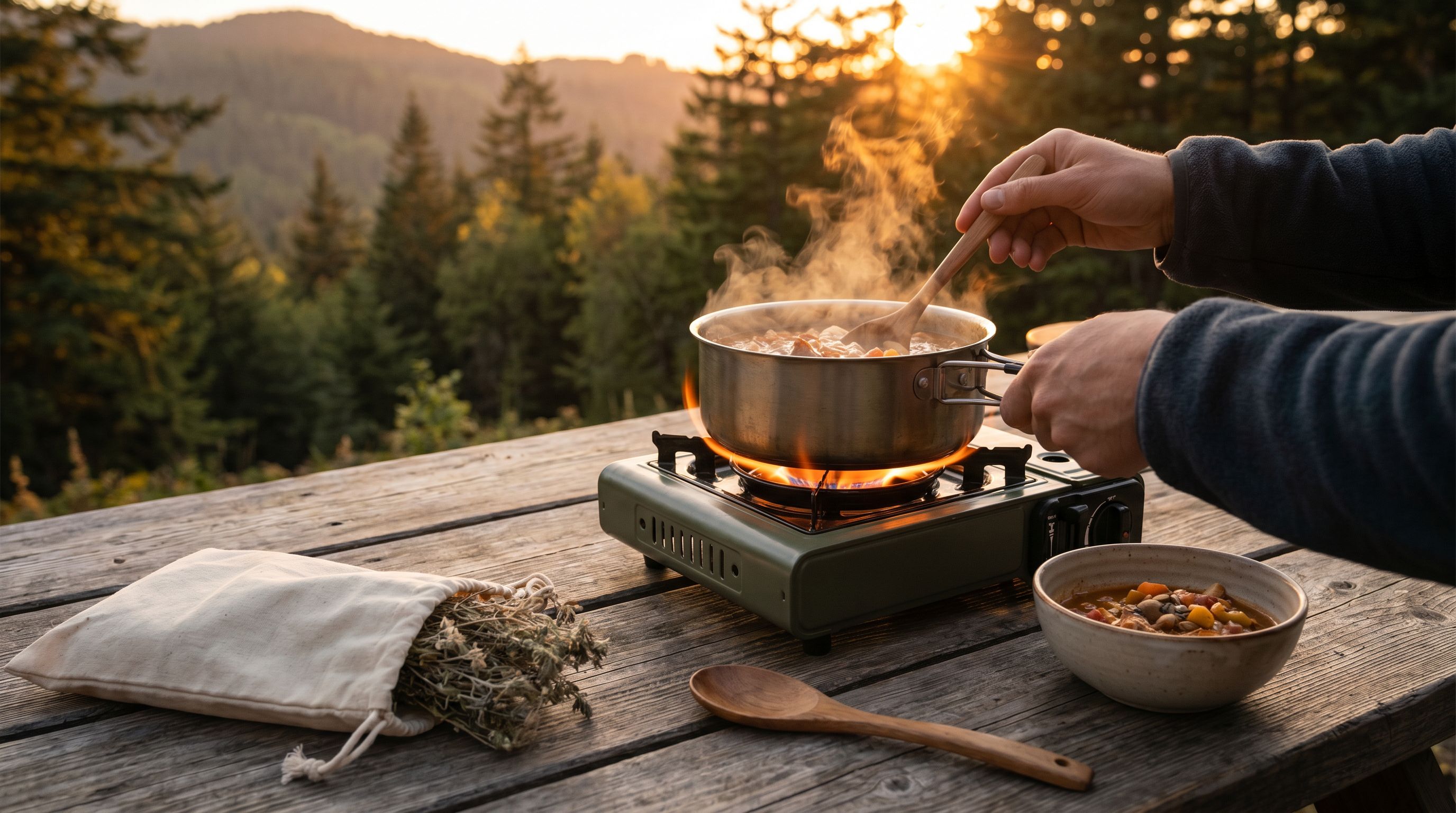 Réchaud portable posé sur un rocher au lever du jour — sélection pour le bivouac.